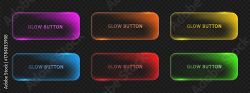 Neon Light Button set. Color neon light rectangle frame. Glowing banner template for text or game design
