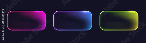 Neon rectangle glowing light button isolated on dark background. . Glowing frame. Banner template for modern digital design