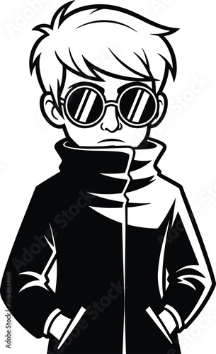 Stylish character, high-collared coat, round sunglasses, black and white art, bold lines, mystery vibe, fashion sketch, graphic silhouett