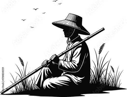 Seated figure, traditional clothing, wide-brimmed hat, nature scene, grassy field, silhouette art, peaceful mood, black and white, rural lifestyle