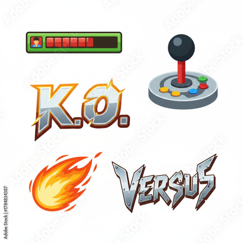 Set of Gaming Icons Combat UI Elements Including a Joystick, K.O