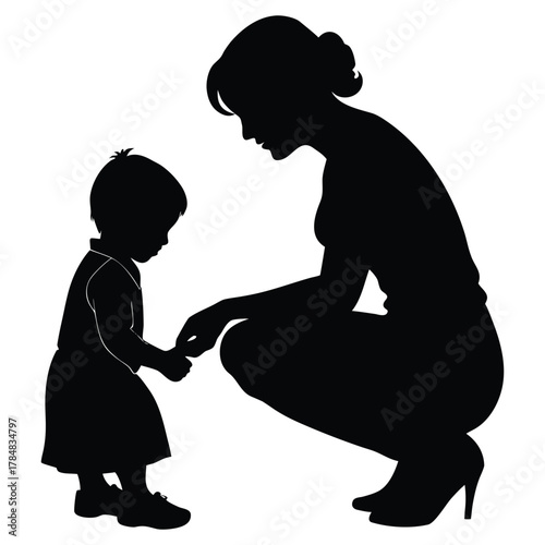 Mother and Child Silhouette Illustration of Love and Care on White Background