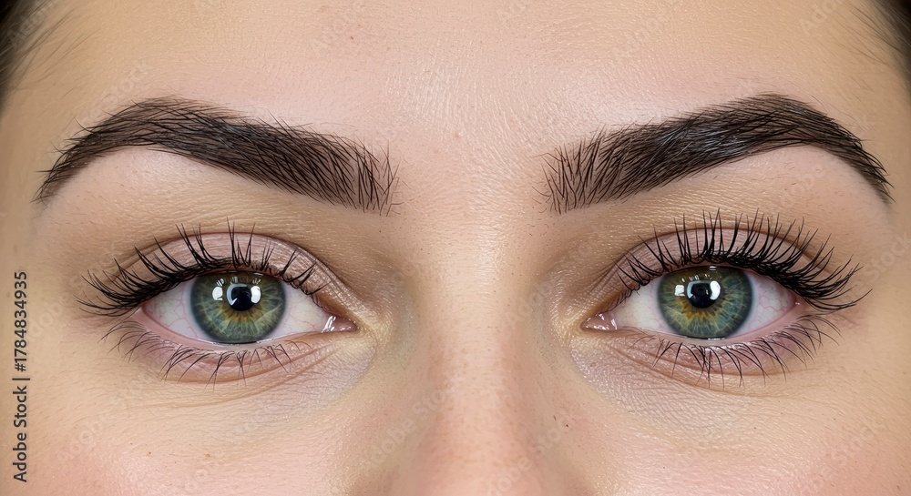 Obraz premium Close-up of Beautiful Green Eyes with Long Lashes and Defined Eyebrows