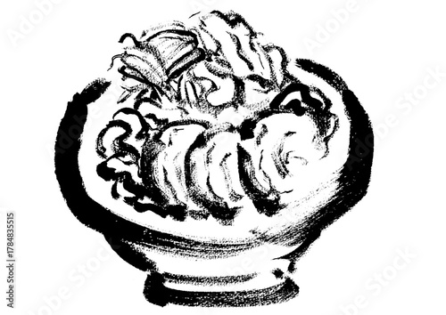 二郎系ラーメンの和風の筆書きイラスト　モノクロ