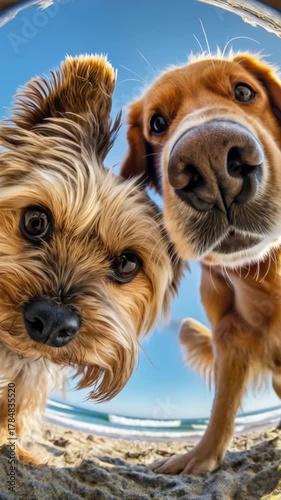 Two cute and funny dog friends look at the camera, very interested.
