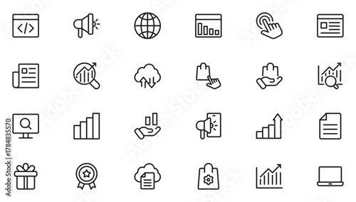 Advertising and Marketing icons set. Content, search, marketing, ecommerce, seo, internet, analysis. Thin outline icons pack. Vector illustration