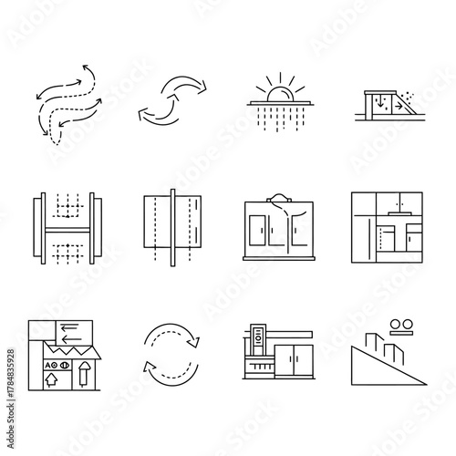 sustainable design icons depicting airflow solar panels  architecture in a minimalist style ideal for eco-friendly construction presentations.