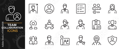 Business team collaboration outline icons for HR, management, and communication