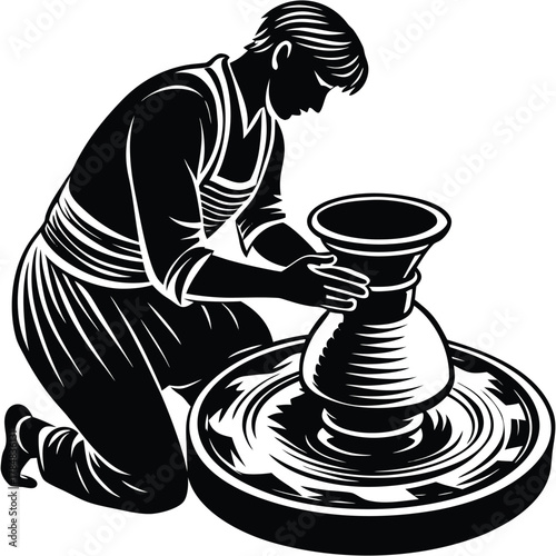 Potter at Wheel Silhouette creating Art from Clay and Shaping Vessel on White Background