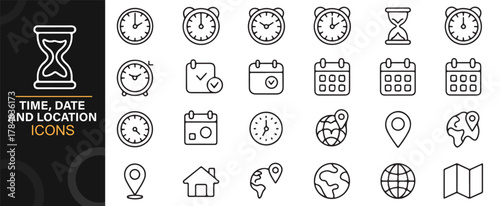Scheduling and mapping line icon set for digital and print use