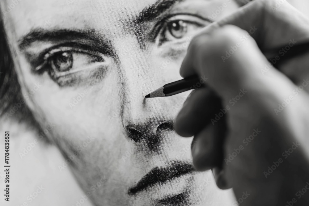 Obraz premium Hand sketching a detailed portrait with pencil in bright, soft lighting Generative AI