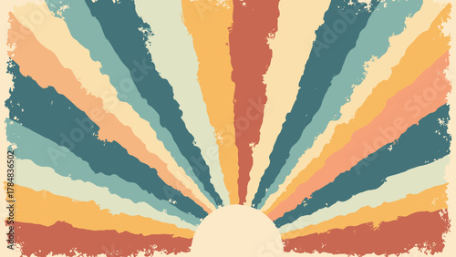 Vintage stripe fan — fanned radiating stripes with aged ink edges; palette: maize, teal, brick, cream