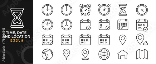 Calendar, stopwatch, globe, and map pin icon pack for interface design