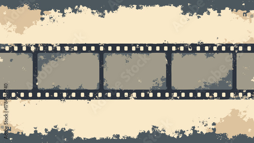 Film sprocket band — repeated film edge motif with scratch marks and vignette; palette: charcoal, sepia, cream