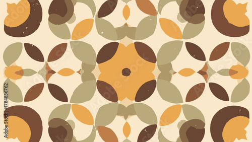 70s circular lattice — interlocking circular motifs with subtle offset color; palette: saffron, brown, olive, cream