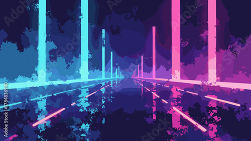 Neon stripe echo — narrow neon lines echoing outward on dark textured base; palette: electric cyan, fuchsia, indigo