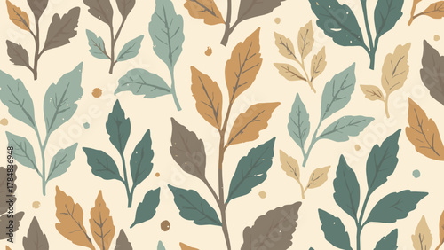 Retro botanical repeat — simple geometric leaves in tight repeat with linen feel; palette: sage, cream, ochre, taupe