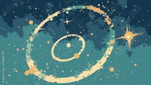 Atomic orbit rings — thin orbiting rings and tiny stars on textured field; palette: indigo, gold, mint, cream