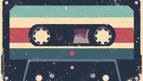 70s cassette bands — narrow tonal bands with tiny cassette icon repeat and film grit; palette: teal, maroon, sand, black