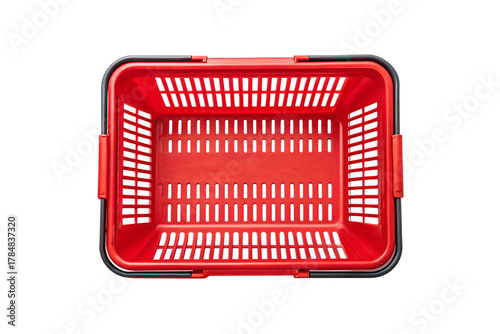 Overhead view of a vibrant red plastic shopping basket on png, shopping basket, red basket, plastic basket, store basket, supermarket basket, shopping container, retail, grocery, market, container