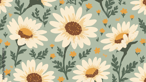 70s floral repeat — stylized simple daisies in tight repeat with fabric texture, palette: ochre, brown, sage