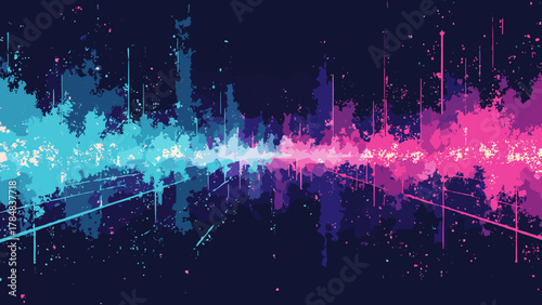 Neon grid glitch — offset pixel grid with chromatic aberration and scanline texture, palette: cyan, magenta, black