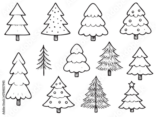 A set of Christmas trees are drawn in black and white. The trees are of various sizes and shapes, with some being taller and others shorter. The trees are arranged in a row