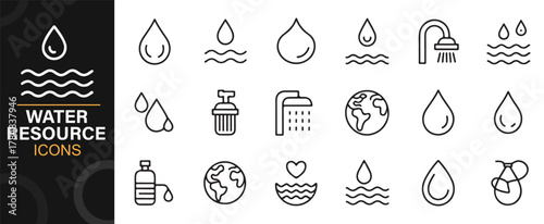 Hydration, purification, and environmental water icons set