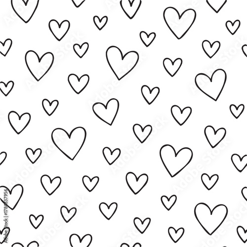 A black and white pattern of hearts. The hearts are drawn in a simple style, with no shading or color. The pattern is repeated throughout the image, creating a sense of unity and harmony