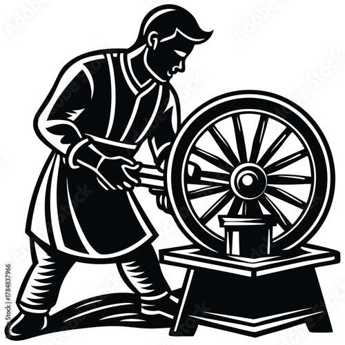 Blacksmith Silhouette Crafting a Wheel with Traditional Tools and Woodworking Style on White Background