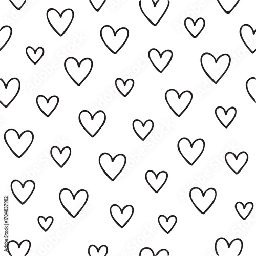 A pattern of hearts is drawn in black on a white background. The hearts are small and spaced closely together, creating a sense of unity and harmony. Scene is one of love and affection