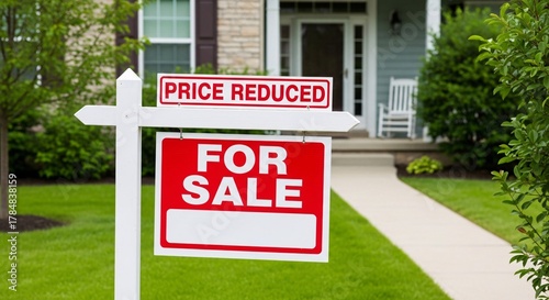 Price Reduced For Sale Sign In Front Of House Real Estate Market Concept