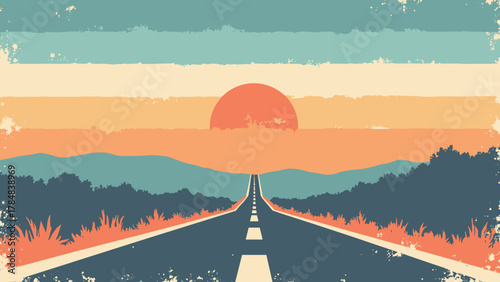 Vintage road-trip stripes — stacked horizontal bands with subtle road grit and stamped icons, palette: petrol, cream, rust