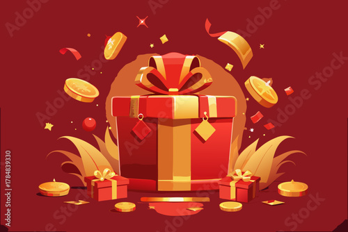 Festive red and gold gift box with flying coins and confetti