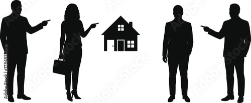 Business people discussing real estate property, house investment, teamwork concept, silhouette figures, home ownership, negotiation, architecture, residential planning,