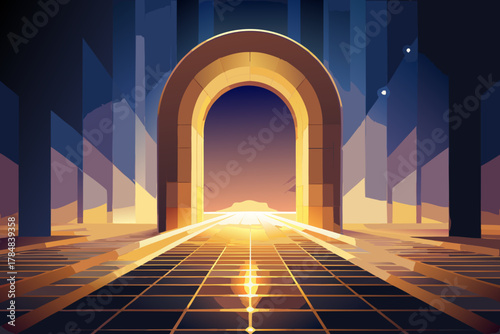 Golden archway leading to a bright horizon at sunset