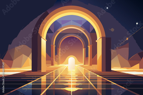 Surreal geometric architecture with golden arches and reflective water at sunset