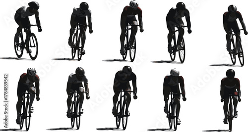 Cyclists riding in formation, road bike race, athletic teamwork, competitive cycling, helmet safety, outdoor sport, motion blur, endurance training, synchronized pedaling, dynamic shadows, speed