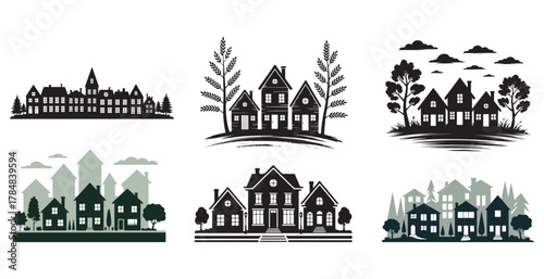 Stylish Village House Silhouette Vector Set. Modern Residential Building Collection with Trees.