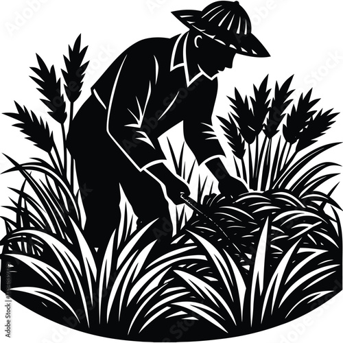 Farmer Harvesting Silhouette With Wheat, Agriculture, and Farming Vector on White Background