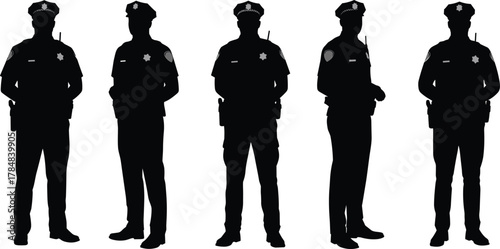 Police silhouettes, law enforcement officers, uniformed patrol, public safety, authority figures, black silhouettes, security personnel, standing pose, police hats, badges, teamwork, discipline**