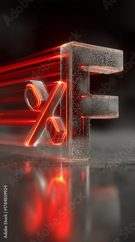 Red glowing percentage symbol in glass with dynamic light trails.
