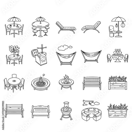 outdoor furniture line icons set featuring patio sets lounge chairs fire pits benches and planters in a backyard perfect for landscape design projects