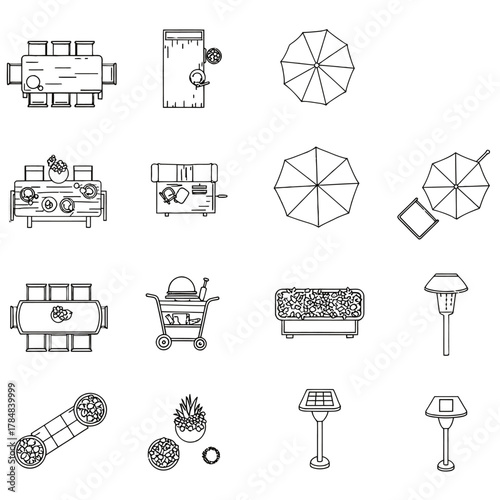 outdoor furniture plan showcasing a garden party setup with tables umbrellas and accessories great for landscape design and 3d rendering