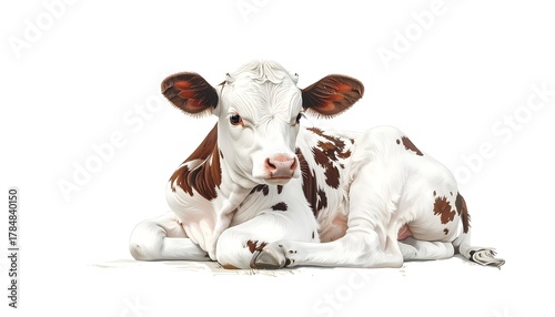 A beautiful illustration of a resting cow calf with brown spots on white background