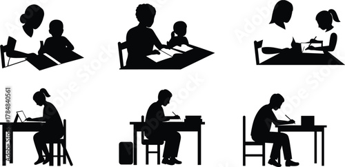 Silhouette, study, education, tutoring, learning, desk, laptop, child, adult, reading, writing, homework, classroom, student, teacher, training, mentoring, school, knowledge, workspace, 