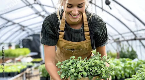 Sunlit Greenhouse: Joyful Gardener Nurturing Fresh Potted Herbs