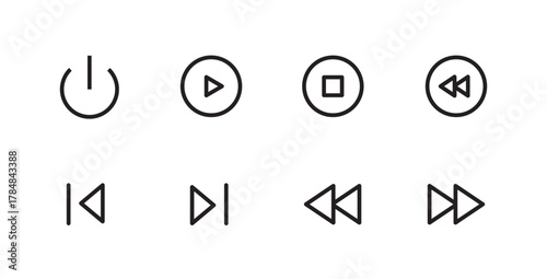 media player icon set vector symbol, player buttons, Video icon set line and flat icons set pack, editable stroke isolated on white, linear vector outline illustration, symbol logo design style
