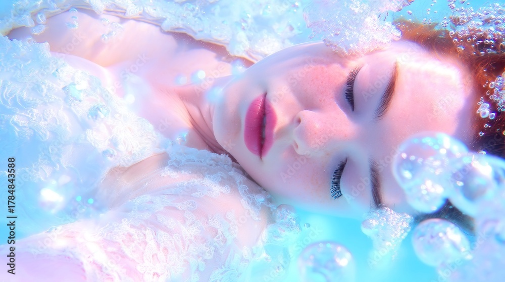 Fototapeta premium Relaxed young woman floating in serene water, soft waves surrounding her, highlighting tranquility and beauty, ideal for wellness themes.