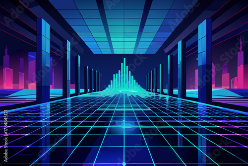 Retro futuristic neon grid landscape with abstract cityscape and geometric structures